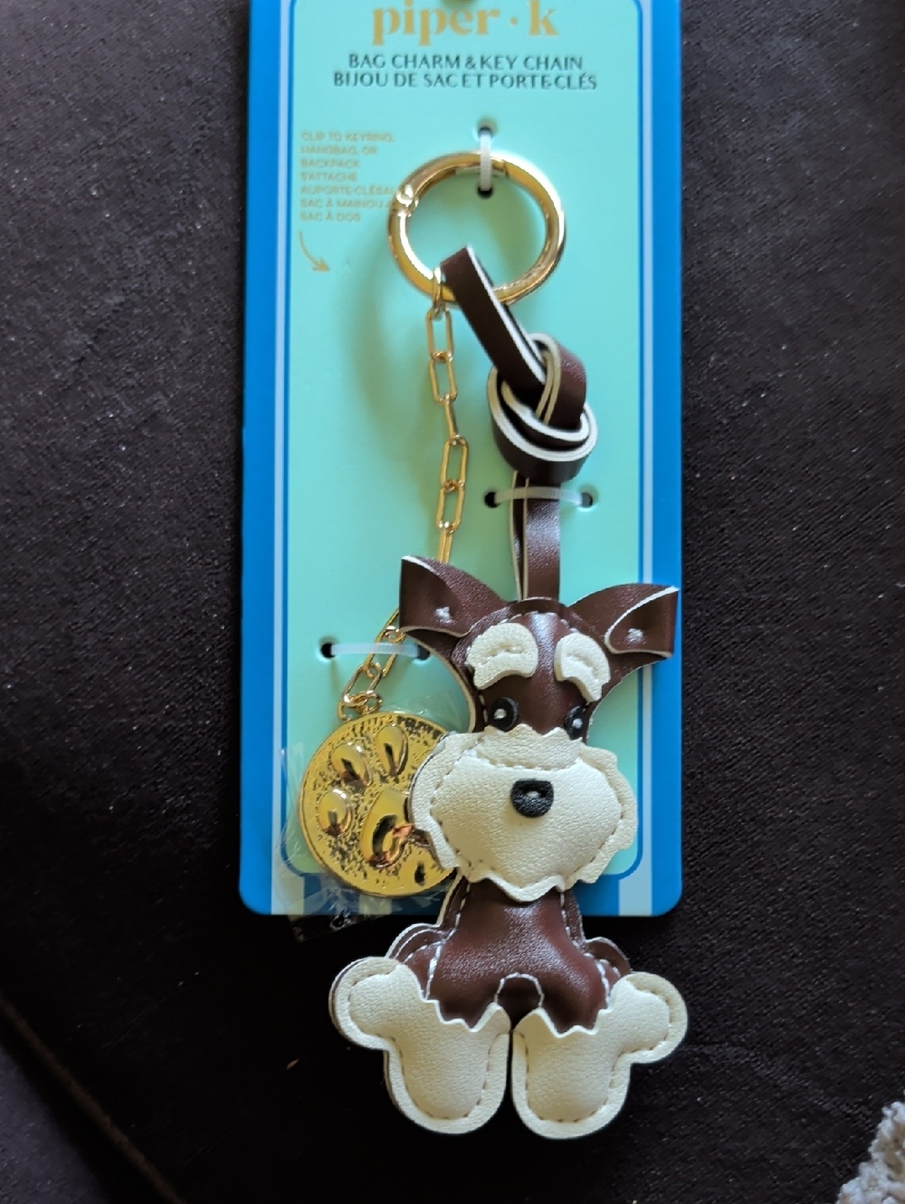 Piper Brown and Cream Dog Pleather Bag Charm Keychain